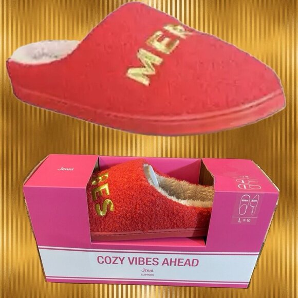 Jenni Cozy Red Merry Vibes Gold Embroidered Plush Terry Slippers-Size L- 9-10 - Picture 1 of 5